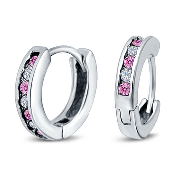 Eternity Huggie Hoop Earrings Channel Round Simulated Pink Cubic Zirconia 925 Sterling Silver